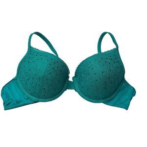 Aerie Teal floral embroidered Lace Rhinestone Bra 34C lined